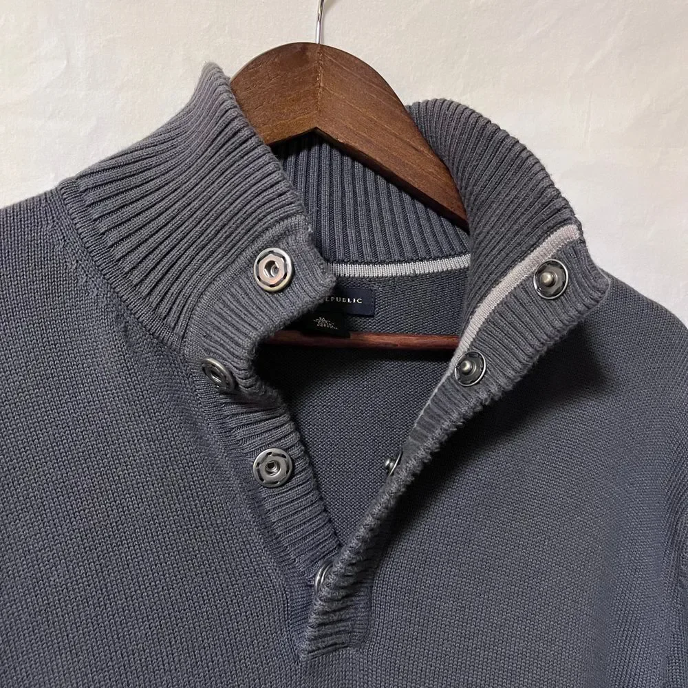 Banana Republic Mens Sz M Gray 100% Cotton Sweater Quarter Snap Button Mock Neck